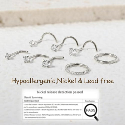 8PCS Titanium Nose Rings Stud, Gold Nose Ring for Women Men Hypoallergenic Nostril Hoops L Shape Nose Studs Corkscrew CZ Nose Piercing Jewelry Silver 18G & 20G Nose Ring Studs 2/2.5/3mm - style: 8PCS -Silver