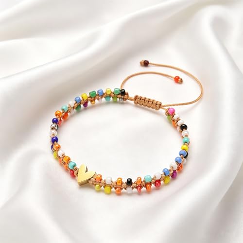 Beaded Bracelet for Women, Double Layer Colorful Seed Bead Bracelet with Heart Charm, Handmade Boho Stackable Bracelet, Adjustable Friendship Jewelry Gift for Women
