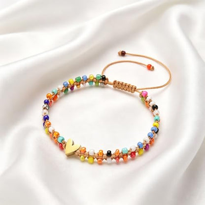 Beaded Bracelet for Women, Double Layer Colorful Seed Bead Bracelet with Heart Charm, Handmade Boho Stackable Bracelet, Adjustable Friendship Jewelry Gift for Women