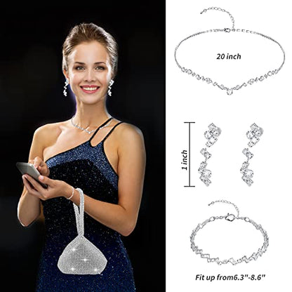 Ditard 4 Pieces Rhinestone Jewelry Set Women Clutch Purse for Prom Sets Wedding Bridal Bracelet Necklace Dangle Ear Clip Crystal Party (Sweet Style), Silver