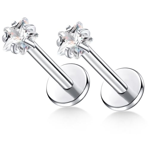 BelezaDosas G23 Titanium Labret Studs Threadless 16G Lip Rook Lobe Tragus Helix Cartilage Push Back Earring Piercing Jewelry - style: 1pair Star Clear