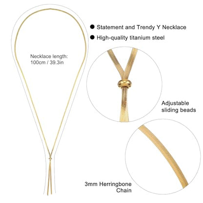 Long Necklaces for Women Dainty Y-Shaped- Slip Tie Thin Layered Chest Chain | Gold Choker Necklace for Women with Adjustable Slider Ball Drop Statement Necklace Simple