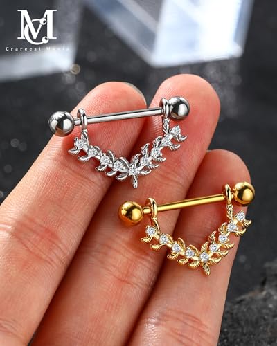 Nipple Shield Ring 316L Stainless Steel Nipple Piercing Jewelry 14G Flower Nipple Barbell for Women and Men - color: Gold