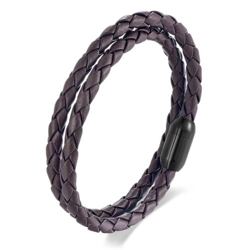 Braided Leather Bracelet，Double Wrap Bracelet with Black Stainless Steel Clasp, Two- way of Wearing as Mens Bracelet or Womens Choker Necklace, Urban and Minimalist Style - color: Brown