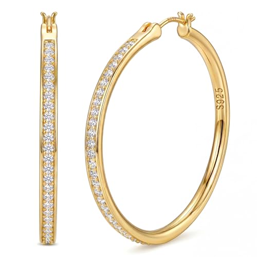 925 Sterling Silver Hoop Earrings for Women Sparkly Cubic Zirconia Large Hoops 18K White Gold Plated Hypoallergenic Lightweight Rhinestone Big Hoop Earrings 40/50MM Silver/Gold - color: 40mm-Gold