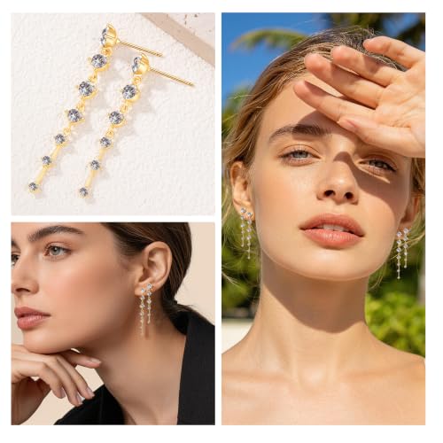 2 Pairs Long Diamond Dangle Tassel Earrings for Women | 14K Gold Silver Plated, Dainty Diamond Crystal Drop Earring, Small Cz Statement Dangly, for Wedding Bridesmaid, Jewelry Gifts - color: 2 Pairs Gold