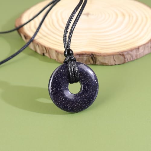 FANASY Natural Gemstone Pendant Necklce Lucky Coin Crystal Necklace Protection Donut Pendnat with Adjustable Rope for Men Women - color: Blue Sandstone