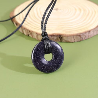 FANASY Natural Gemstone Pendant Necklce Lucky Coin Crystal Necklace Protection Donut Pendnat with Adjustable Rope for Men Women - color: Blue Sandstone