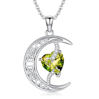 TOUPOP Moon and Star Birthstone Necklace for Women 925 Sterling Silver Celtic Moon Jewelry Birthday Mothers Day Gifts for Mom Wife Her - color: 08-August-Peridot