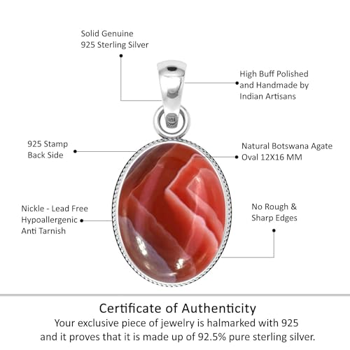 Chunky Natural Gemstone Pendant Necklace For Women Onyx, Turquoise, Amber, Garnet Oval Boho Genuine 925 Sterling Silver Handmade Jewelry - color: Botswana Agate