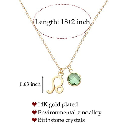 14k Gold Plated Zodiac Birthstone Crystal Pendant Necklace, Horoscope Sign Charm Necklace for Women Birthday Gift - color: Leo-Aug.