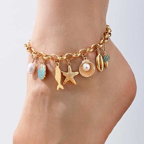 Gold Ocean Beach Charm Anklet for Women Boho Starfish Seashell Pearl Fish Pendant Adjustable Ankle Bracelet Summer Beach Vacation Jewelry Gift