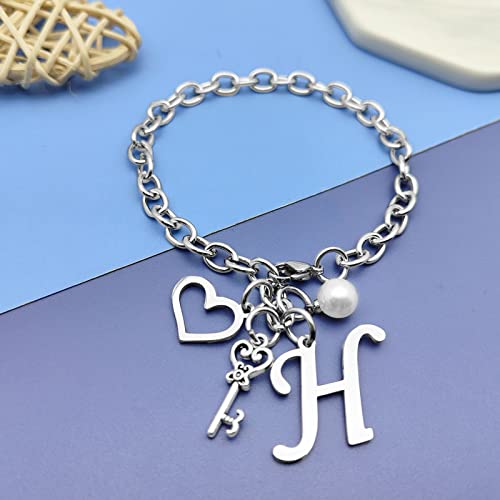 Initial A-Z Bracelets Gift for Women Girls Stainless Steel Chain Bracelet 26 Alphabet Jewelry Gifts for Birthday Anniversary Letter Bracelet Monogram Gifts for Sister Friend Girlfriends Mom 8.26 Inch - color: H