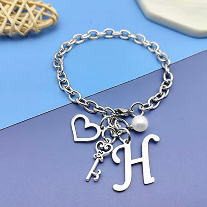 Initial A-Z Bracelets Gift for Women Girls Stainless Steel Chain Bracelet 26 Alphabet Jewelry Gifts for Birthday Anniversary Letter Bracelet Monogram Gifts for Sister Friend Girlfriends Mom 8.26 Inch - color: H