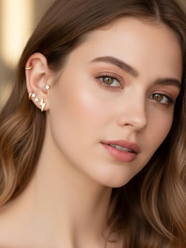 All Moissanites Sparkly Geometric Stud Earrings for Women, Solid 925 Sterling Silver with Rhodium/Gold Plated Hypoallergenic, Lightweight Comfy Earrings - color: Lightning - Yellow Gold