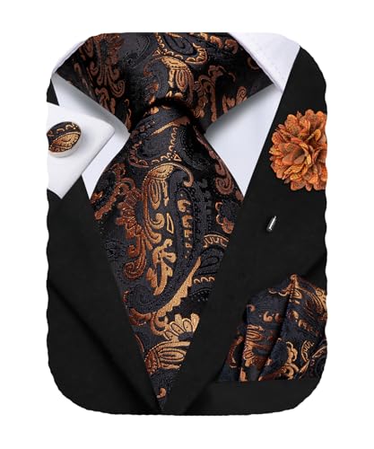 Hi-Tie Men's Silk Ties Formal Woven Classic Necktie Pocket Square Cufflinks Lapel Pin Set Wedding Business - color: Black and Copper