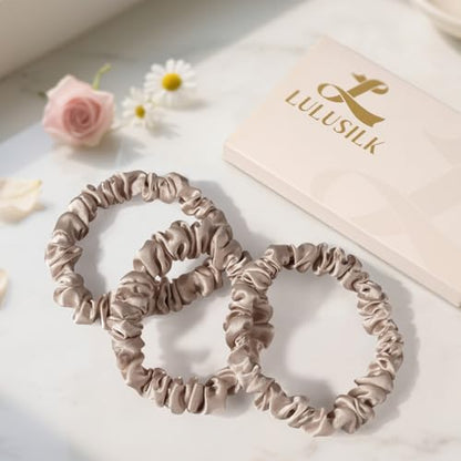 LULUSILK Small Silk Hair Ties No Damage, 100% Real Mulberry Silk, Skinny Scrunchies Ponytail Holders for Thin Fine Hair, Brown, Pack of 3 - color: Brown