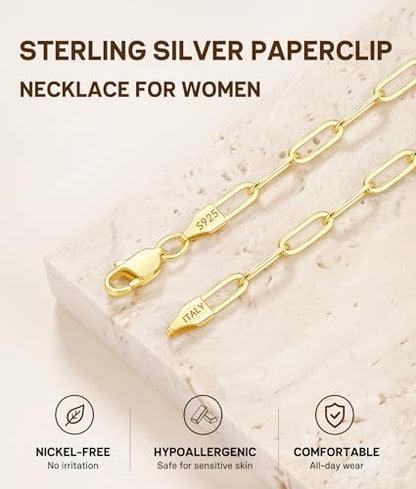 3MM Paperclip Necklace 925 Sterling Silver Paperclip Chain Necklace for Women, Sturdy & Durable Women's Chains Necklace, 16 18 20 22 24 26 Inch - color: 14K Gold Plated