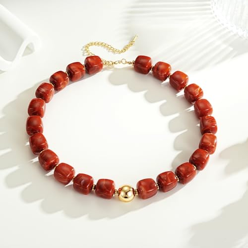 Ritach Chunky Beaded Necklaces for Women - Colorful Large Square Acrylic Beaded Necklace Boho Chunky Necklace Adjustable Statement Choker Necklace for Women Waterproof Summer Beach Jewelry Gifts - color: Red