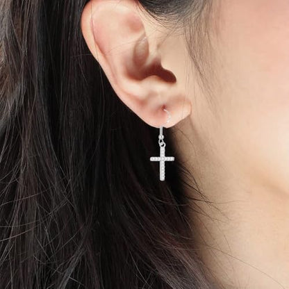 Cross Necklace and Sterling Silver Cross Earrings Jewelry Set for Women | Hypoallergenic Faith Crucifix Pendant Necklaces 14K Gold Plated Cubic Zirconia CZ Dangling Religion Jewelry - color: Silver