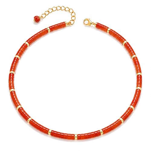 Natural Heishi Gemstone Choker Necklace for Women, Adjustable 15"+2" Beaded Layering Necklace, Coastal Beach Jewelry Gift for Her - color: Carnelian