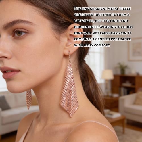 Mesh Sequin Tassel Long Drop Earrings for Women, Lightweight Metal Grid Fringe Dangle Earrings, Colorful Sparkly Alloy Wedding Bridal Party Jewelry (1 pair) - color: Rose Gold