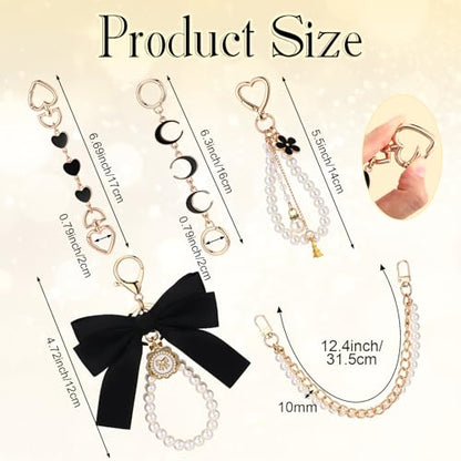 Sureio 5 Pcs Bag Extender Chain Pearl Purse Chain Ribbon Bow Keychain Extender Bag Strap Purse Charms Accessories for Handbag - color: Gold and Black
