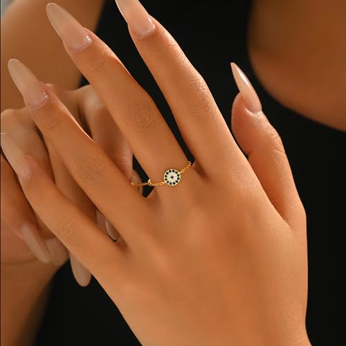 925 Sterling Silver Adjustable Link Chain Rings for Women Daughter | Dainty 14k Gold Plated Evil Eye/Cross/Flower Ring Sparkly Twist Rope with Bead Dangle Stackable Ring Jewelry Birthday Gifts - color: Style 7-Gold
