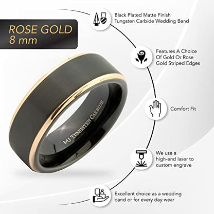 Tungsten Carbide Wedding Bands That Feature Different Finishes and Edge Colors - color: Black/Rose Gold-8mm