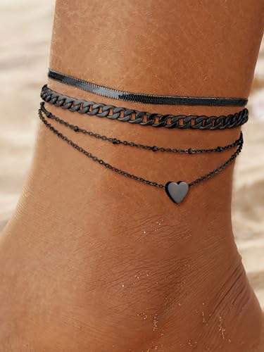 FOCALOOK Anklet Bracelets Set for Women, 14K Gold Plated Layered Anklet Set | Adjustable for Large Ankle, Cuban/Snake/Figaro/Paperclip Chain, Waterproof & Non Tarnish for Everyday Wear, Beach & Summer - color: B:3Pcs-Anklet Set-Black