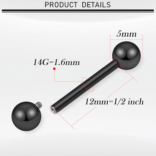 16G-00G Tongue Rings Nipple Piercings Internally Threaded Straight Barbell 316L Surgical Steel Body Piercing Jewelry for Women Men Black silver 12mm 14mm 16mm 19mm Bars Length - color: Black, size: 14G(1.6mm)-12mm barbells-5mm Balls