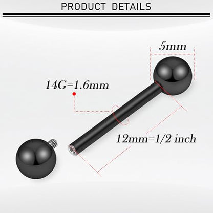 16G-00G Tongue Rings Nipple Piercings Internally Threaded Straight Barbell 316L Surgical Steel Body Piercing Jewelry for Women Men Black silver 12mm 14mm 16mm 19mm Bars Length - color: Black, size: 14G(1.6mm)-12mm barbells-5mm Balls