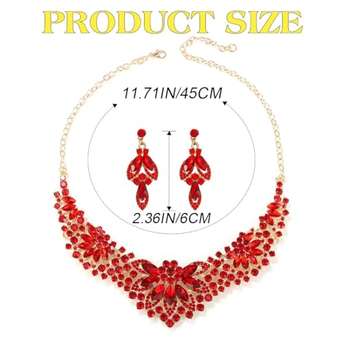 Yonamix Gold Jewelry Set Wedding Rhinestone Necklace Sets for Women | Formal Prom Dinner Party Gala Night Crystal Flower Necklaces Earrings - color: D Red