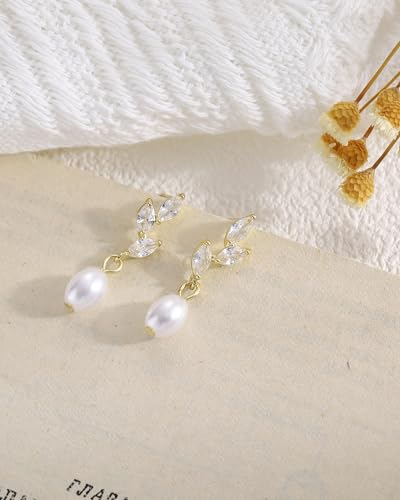 Pearl Earrings for Women, 14k Gold Plated Trendy Diamond Pearl Drop Earrings Bridal Shower Gifts Wedding jewelry for Women - color: Style C Gold