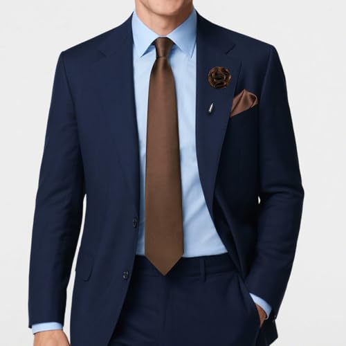 Solid Color Tie and Pocket Square with Tie Clip Lapel Pin Silk Formal Necktie Set Wedding Formal - color: Brown