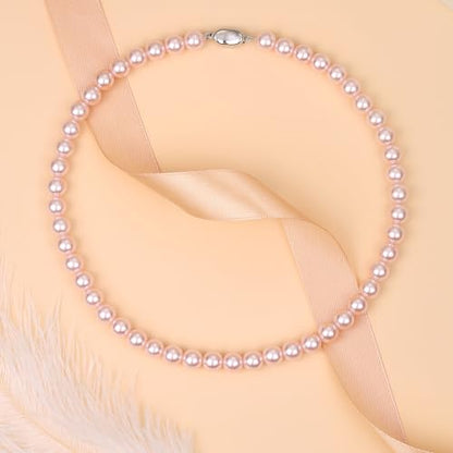 Pearl Necklaces for Women,8mm Pearl Necklace and Earring Bracelet Jewelry Set for Women Men Wedding Birthday Valentine Christmas Day Gifts - color: Pink