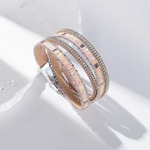 Boho Double Wrap Leather Bracelets Stackable Layered Western Hippie Jewelry | Colorful Stacked Bohemian Statement Chunky Magnetic Clasp Cuff Bangles Cowgirl Country Summer Beach Outfits for Women Trendy - color: Pink