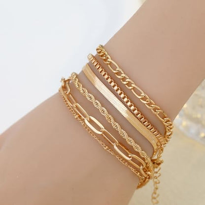 Bracelets for Women, Dainty Stackable Bracelet Stack Sets Tiny Box Chain Adjustable Bracelets Minimalist Cute Jewelry Paperclip Link Layered Waterproof Jewelry Sets Gifts - style: 6-PIECE IMITATION