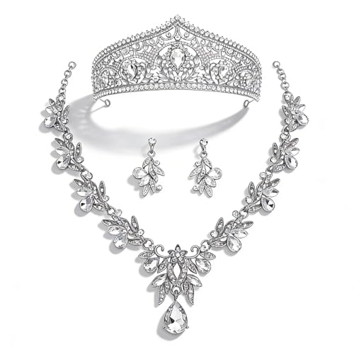 Princess Tiara Crown and Jewelry Sets for Women Wedding Rhinestone Crystal Tiaras and Crowns with Necklace Earrings Party Birthday Accessories - color: Silver White