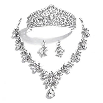Princess Tiara Crown and Jewelry Sets for Women Wedding Rhinestone Crystal Tiaras and Crowns with Necklace Earrings Party Birthday Accessories - color: Silver White