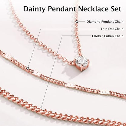 WomenGifts Layered Gold Necklaces for Women, 14K Gold Sterling Silver Plated Dainty Pendant Necklace Set Non Tarnish, Chunky Stackable Cuban Chain Choker, Trendy Birthstone Vacation Jewelry Gift - color: Rose Gold, style: Cubic Zirconia