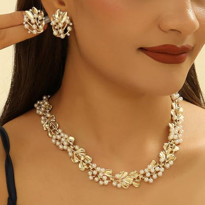 Fashion Bride Silver Gold Plated Bridal Layered Leaf Faux Pearls Necklace Earrings Set Wedding Jewelry Set Choker Necklace Stud Earrings Set for Women