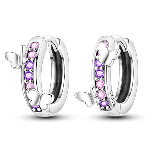 Parmuz 925 Sterling Silver Butterfly Huggies Hoop Earrings for Woman | Gold Plated Cubic Zirconia Star Moon cross Twisted huggie Hoop Post Chunky Small Tiny cuff Snake Heart Earring Gift for Her - color: purple butterfly earring