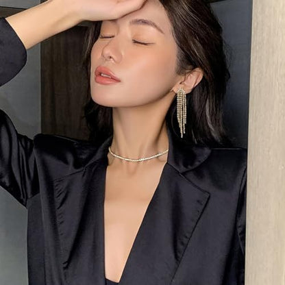 HERIER Rhinestone Earrings Dangling for Women Chandelier Statement Tassel Earrings Girls Silver Sparkly Drop Cubic Zirconia Crystal Earrings Long Dangle Costume Jewelry - color: Gold-Triangle Tassel