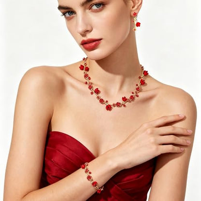 Elegant Brides Austrian Crystal Flower Choker Necklace Drop Dangle Earring Bracelet Wedding Jewelry Set for Bridesmaid Prom Costume Jewelry Set for Women - color: Siam-Gold Plated