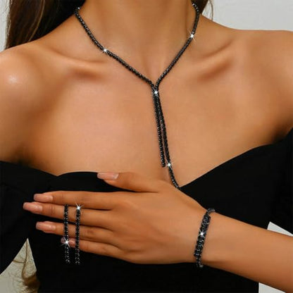 Silver Bridal Wedding Jewelry Sets Rhinestone Necklace Earrings Bracelet Set Prom Formal Costume Jewelry Sets for Women and Brides - color: Black