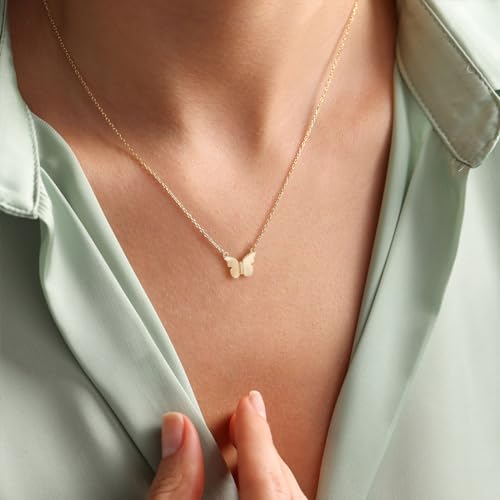 HANLI 14K Gold Plated Necklaces for Women - Dainty Butterfly, Star of David, Moon and Star, Sun, Lotus, Infinity, Hummingbird, Bee,Boots,Chill,Sunflower Pendant Designs - Elegant Jewelry for Women - color: Butterfly