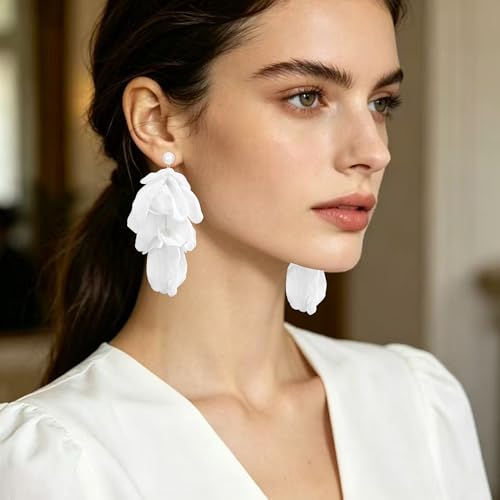 Handmade Bohemian Lightweight Fabric Flower Dangle Drop Earrings Chic Pearl Large Tassel Petal Stud Earrings For Women - color: Pearl White