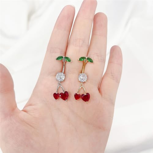 Cute 316L Surgical Steel CZ Cherry Dangle Belly Button Ring 14G Crystal Cherry Belly Navel Rings Navel Curved Barbell Dangling Body Piercing Jewelry 3/8 Inch - color: Gold