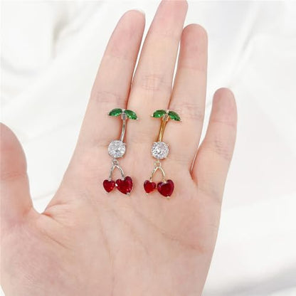 Cute 316L Surgical Steel CZ Cherry Dangle Belly Button Ring 14G Crystal Cherry Belly Navel Rings Navel Curved Barbell Dangling Body Piercing Jewelry 3/8 Inch - color: Gold